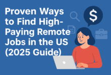 A digital illustration of a woman working on a laptop with icons representing money and job search, symbolizing high-paying remote jobs in the US.