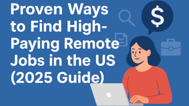 "Proven Ways to Find High-Paying Remote Jobs in the US (2025 Guide)" 30 A digital illustration of a woman working on a laptop with icons representing money and job search, symbolizing high-paying remote jobs in the US.