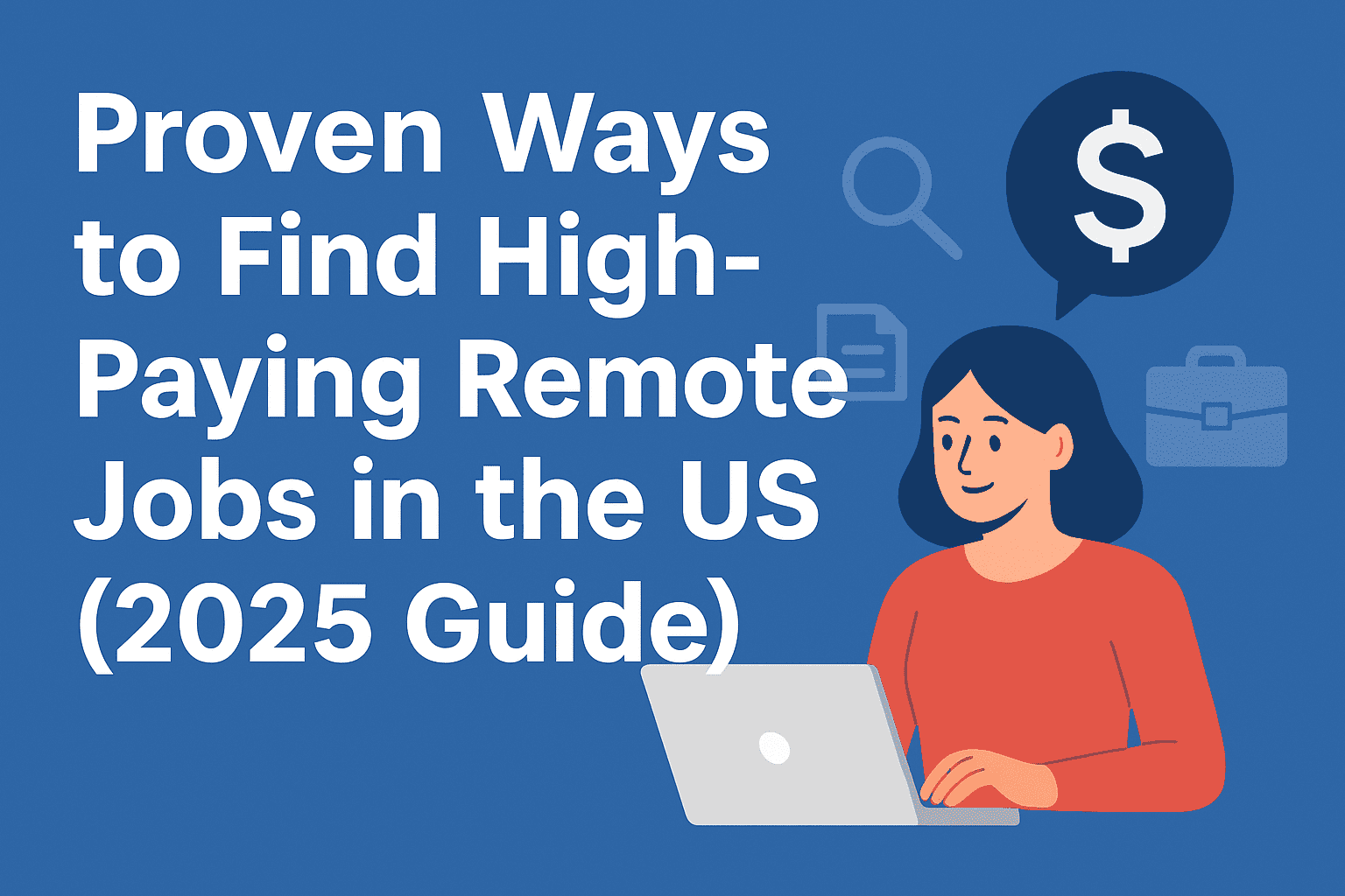 "Proven Ways to Find High-Paying Remote Jobs in the US (2025 Guide)" 1 A digital illustration of a woman working on a laptop with icons representing money and job search, symbolizing high-paying remote jobs in the US.