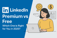 A digital illustration comparing LinkedIn Premium vs Free features and benefits in 2025