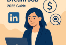 Professional woman working on a laptop using LinkedIn to find her dream job in 2025, with job and money icons in the background.