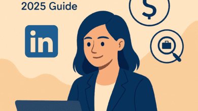 How to Use LinkedIn to Land Your Dream Job in 2025 – Complete Guide for Success 25 Professional woman working on a laptop using LinkedIn to find her dream job in 2025, with job and money icons in the background.