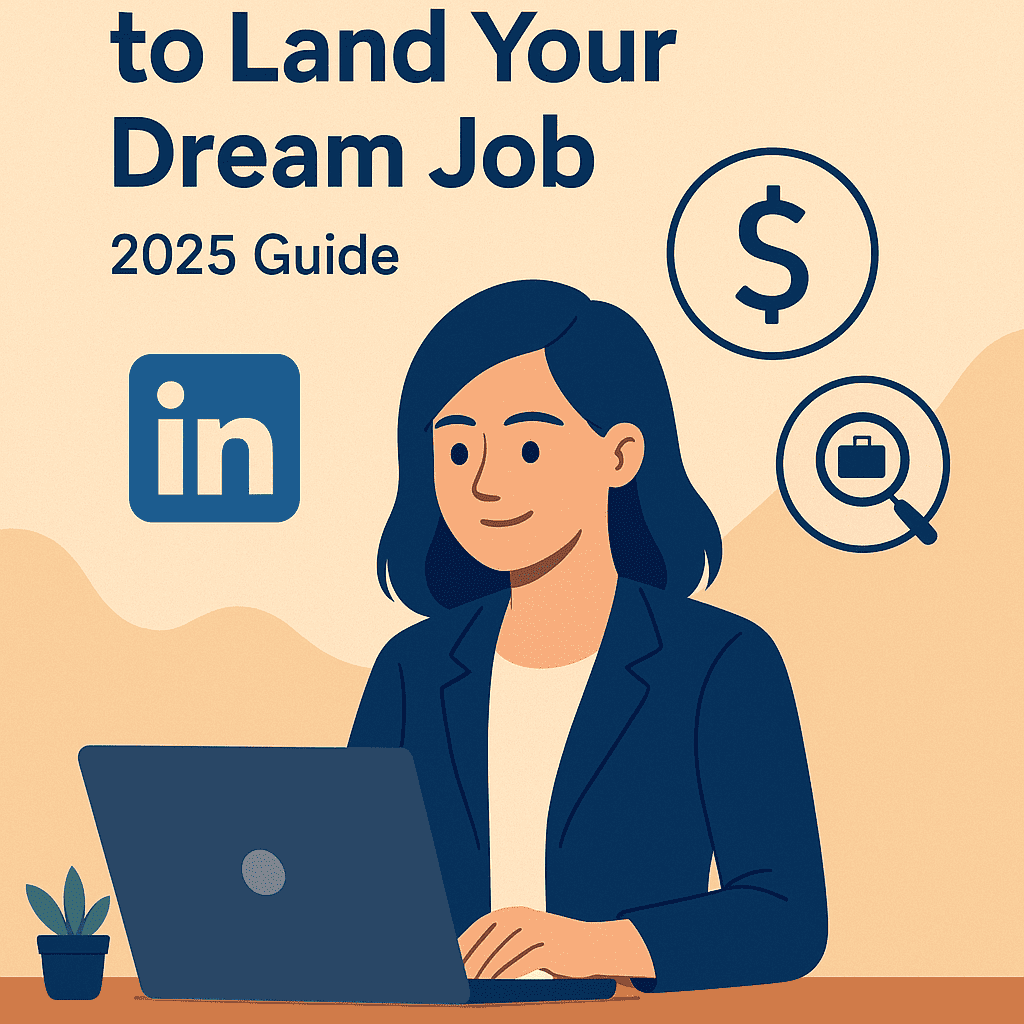 How to Use LinkedIn to Land Your Dream Job in 2025 – Complete Guide for Success 1 Professional woman working on a laptop using LinkedIn to find her dream job in 2025, with job and money icons in the background.