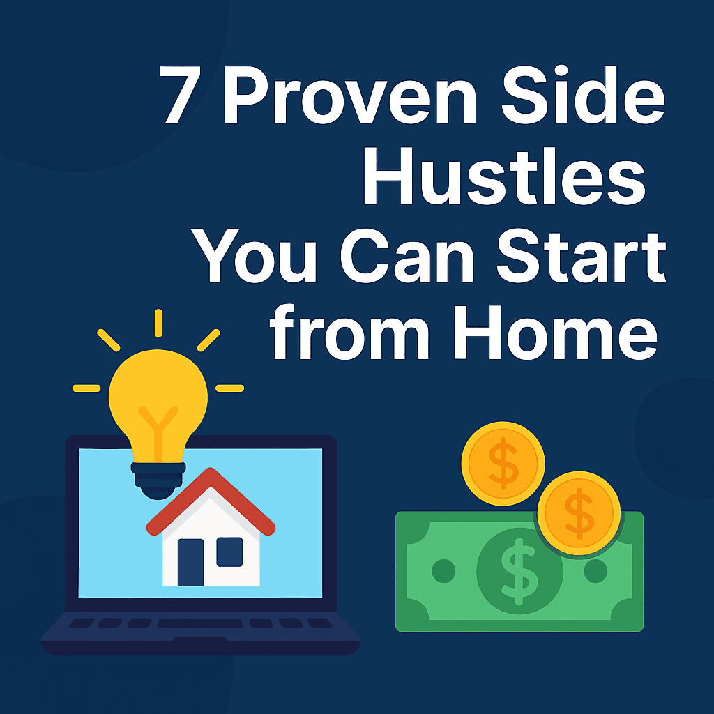 7 Proven Side Hustles You Can Start from Home in 2025 2 Illustration of laptop with home icon, lightbulb, and money representing side hustles from home