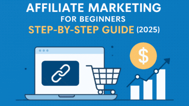 Affiliate Marketing for Beginners: Step-by-Step Guide (2025) 22 Digital illustration showing a laptop, shopping cart, and commission chart representing affiliate marketing