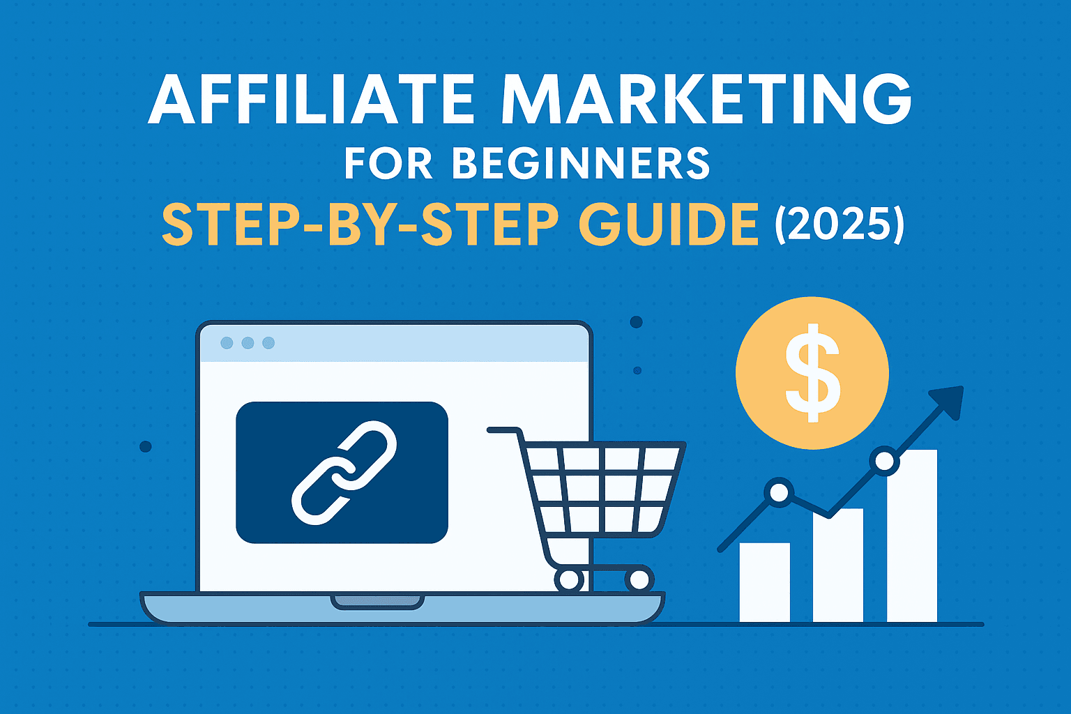 Affiliate Marketing for Beginners: Step-by-Step Guide (2025) 1 Digital illustration showing a laptop, shopping cart, and commission chart representing affiliate marketing