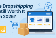 Is Dropshipping Still Worth It in 2025? eCommerce Laptop, Shipping Boxes, and AI Icon