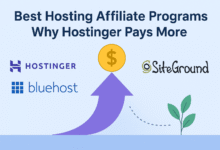 Best Hosting Affiliate Programs featuring Hostinger, Bluehost, and SiteGround logos with an arrow pointing to earnings