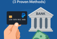 Illustration of PayPal card, bank, and cash representing how to withdraw PayPal money without a bank account