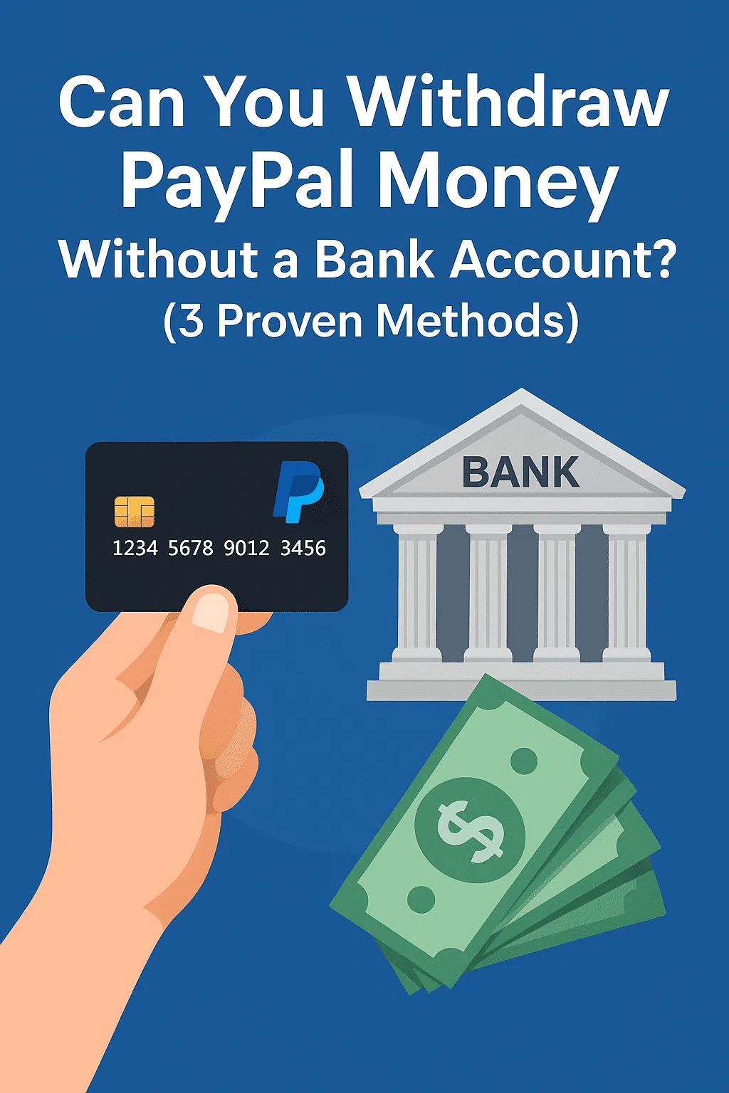 Can You Withdraw PayPal Money Without a Bank Account? (3 Proven Methods) 21 Illustration of PayPal card, bank, and cash representing how to withdraw PayPal money without a bank account